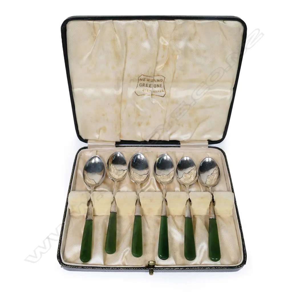 Joseph Swindell set of six silver and pounamu coffee spoons, Image 1++